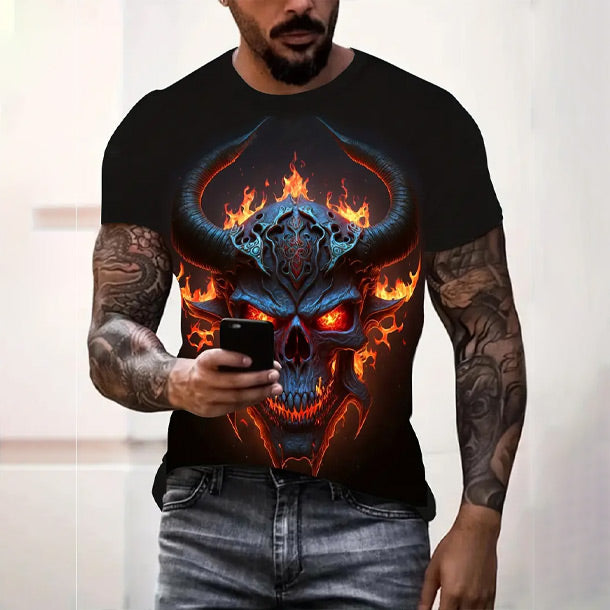 3D Digital Devil Pattern Print Graphic T-shirts, Causal Tees, Short Sleeves Comfortable Pullover Tops, Men’s Summer Clothing