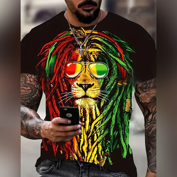 Stylish 3D Digital Lion Pattern Print Graphic T-shirts, Causal Tees, Short Sleeves Comfortable Pullover Tops, Men’s Summer Clothing