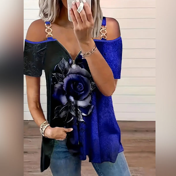 Rose Print Cold Shoulder T-shirt, Casual Chain Strap Color Block Zip Up T-shirt, Women’s Clothing