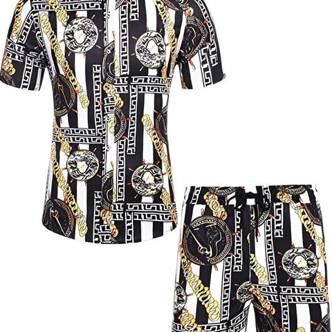 Men's Hawaiian 2pcs Outfit For Summer Beach, Button Down Casual Shirts+Printed Summer Shorts