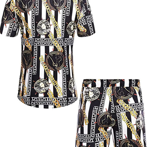 Men's Hawaiian 2pcs Outfit For Summer Beach, Button Down Casual Shirts+Printed Summer Shorts