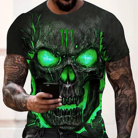 Trendy 3D Skull Pattern Print Men’s T-shirt, Crew Neck Short Sleeve Tops, Graphic Tee Men’s Clothes Summer, Men’s Outfits