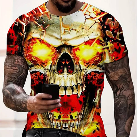 Trendy 3D Skull Pattern Print Men’s T-shirt, Crew Neck Short Sleeve Tops, Graphic Tee Men’s Clothes Summer, Men’s Outfits