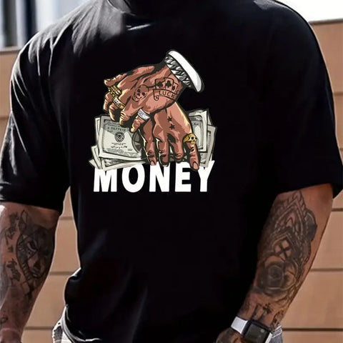 Cartoon Money & Hands Print, Men's Graphic Design Crew Neck Niche T-shirt, Casual Comfy Tees Tshirts For Summer, Men's Clothing Tops For Daily Vacation Resorts