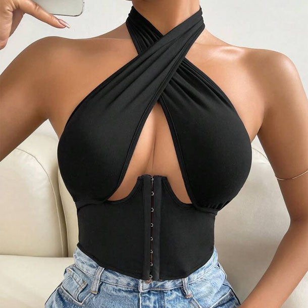 SHEIN Privé Cut Out Front Corset Waist Halter Top