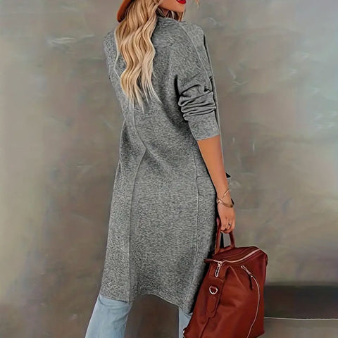 Solid Pocket Open Front Cardigan, Casual Long Sleeve Lapel Cardigan, Women's Clothing