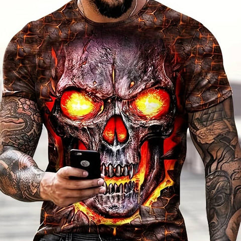 Trendy 3D Skull Pattern Print Men’s T-shirt, Crew Neck Short Sleeve Tops, Graphic Tee Men’s Clothes Summer, Men’s Outfits