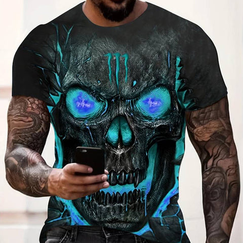 Trendy 3D Skull Pattern Print Men’s T-shirt, Crew Neck Short Sleeve Tops, Graphic Tee Men’s Clothes Summer, Men’s Outfits