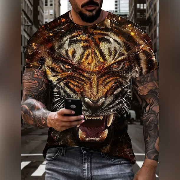 Animal Theme 3D Digital Tiger Pattern Print Graphic T-shirts, Causal Tees, Short Sleeves Comfortable Pullover Tops, Men’s Summer Clothing